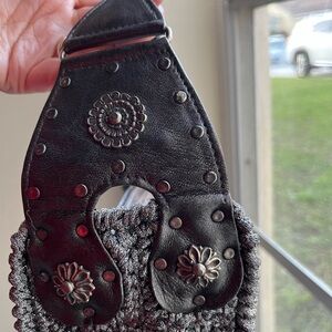 🔥Carrie Forbes Gray crocheted/leather mini with embellishments on strap🫶🏻